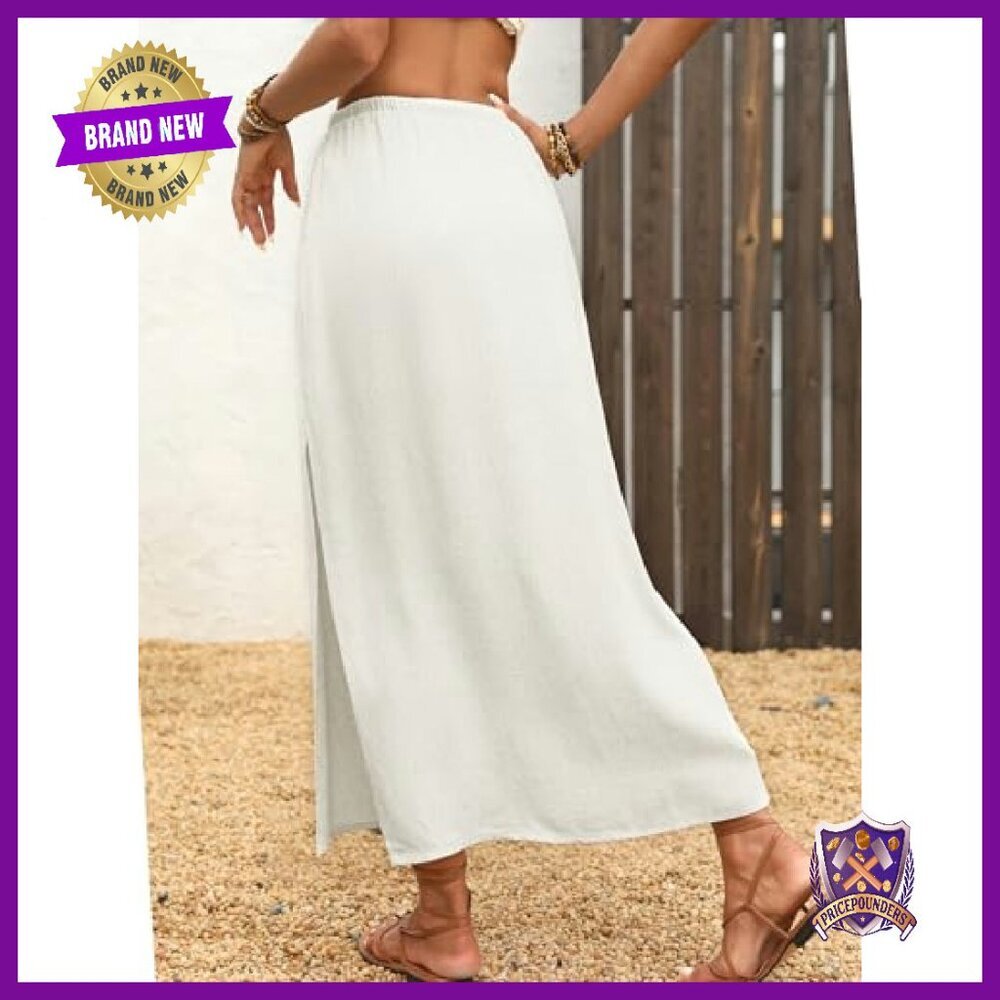 Linen Maxi Skirt with Pockets, Elastic Waist, Side Slit, Flowy - Picture 4 of 8